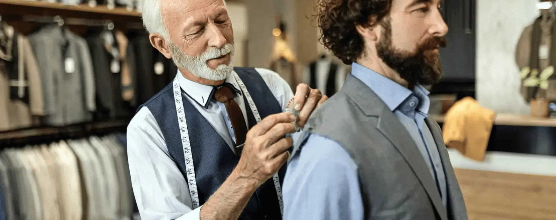 Tailor measuring a suit on a customer.